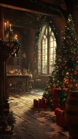 Interior holiday scene with decorated tree and dining table.