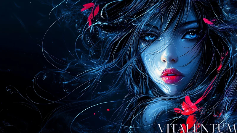 Blue toned digital portrait of woman with red accents.