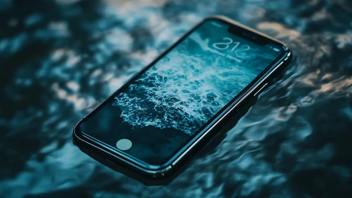 Smartphone in Water with Ocean Wallpaper Display