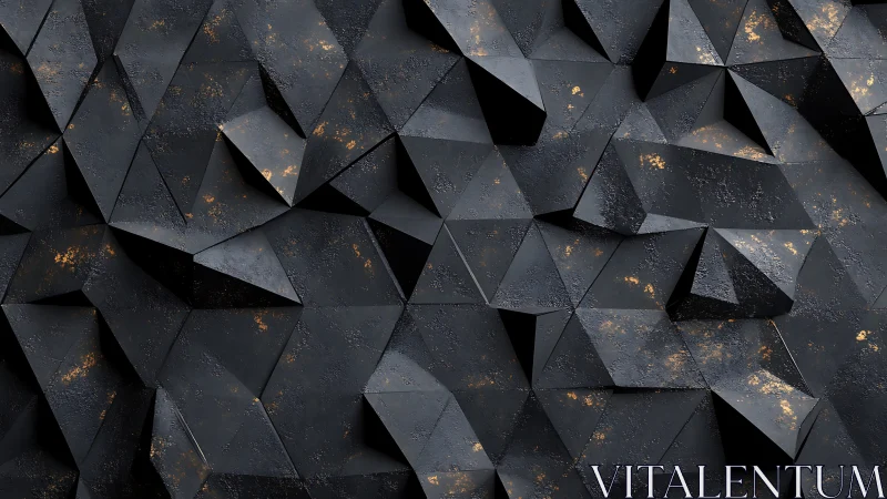 Dark geometric wall shows faceted polygons with metallic wear