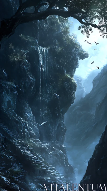 Rocky mountain gorge with stone stairway and waterfall.