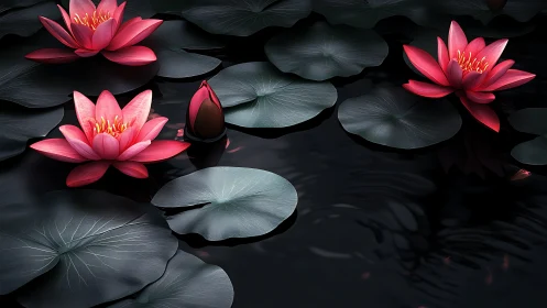 Pink lotus blossoms float amid shadowed lily pads in luminous waters.