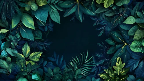 Dense tropical foliage encircles a deep teal negative space