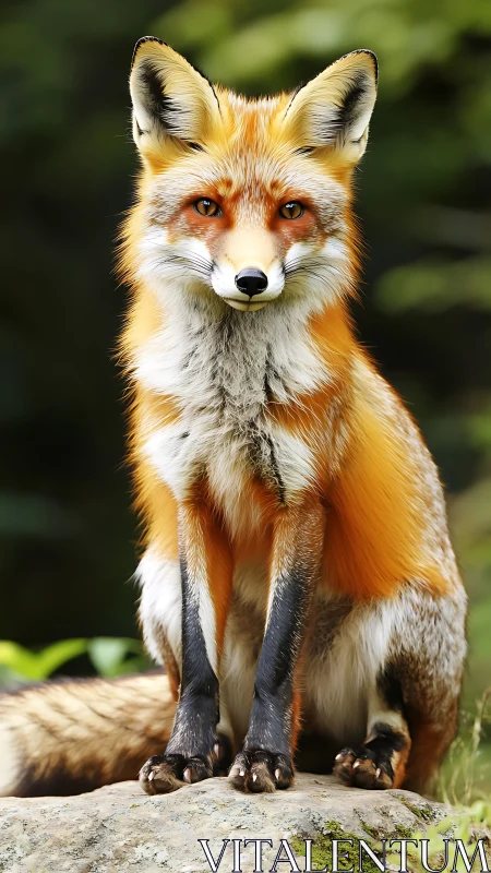 Red fox sits alert on mossy rock in lush green forest.