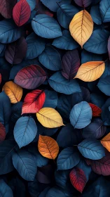 Colorful autumn leaves glowing against deep blue foliage.