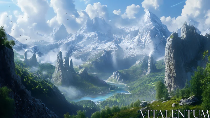 High alpine valley with glacial peaks, rock spires and lakescape