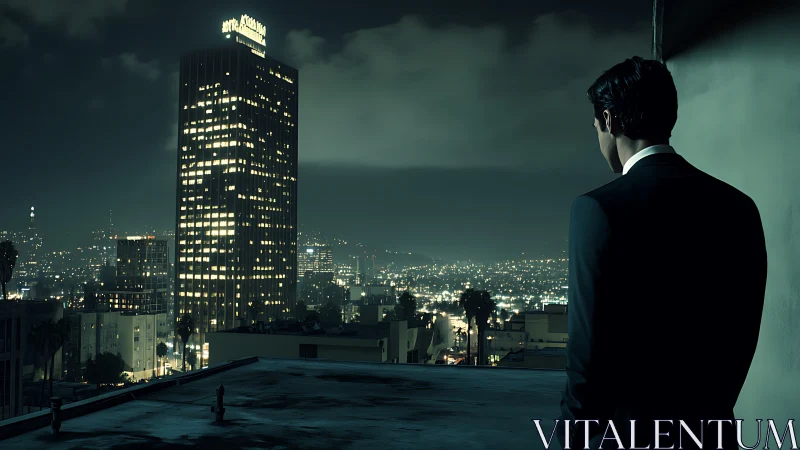 Suited figure overlooking illuminated city skyline at night.
