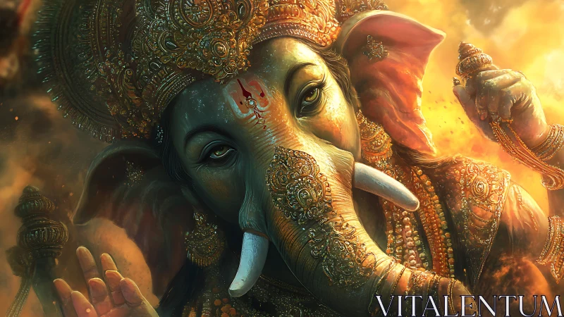Digital depiction of Ganesha with ornate golden adornments
