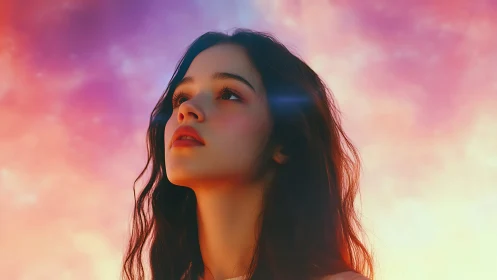 Young woman gazes upward under glowing pastel sunset sky
