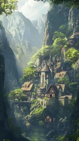 Mountain valley settlement with river, bridge, and cliffs.