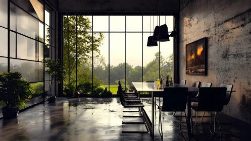Industrial glass-walled dining space with reflective concrete floor