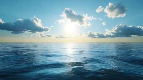 Sunlit horizon intersects calm ocean under sparse clouds