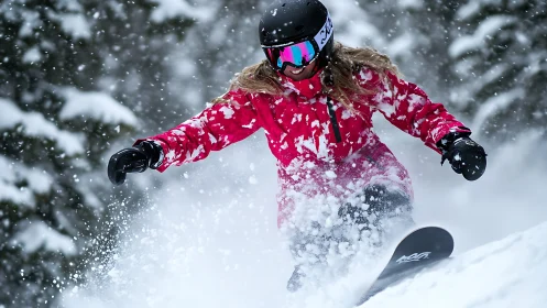 Snowboarder carves powder through dense alpine snowfall