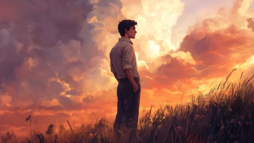 Man stands in tall grass against dense orange sunset clouds