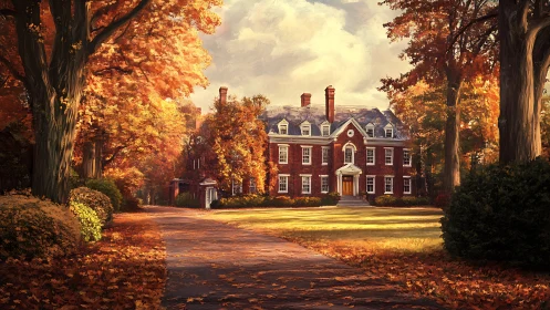 Golden autumn avenue leads toward a welcoming brick manor