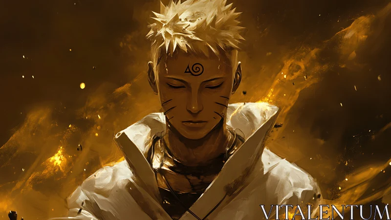 Digital portrait shows stylized figure amid golden particles