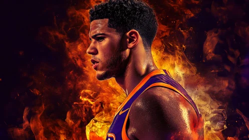 Basketball player profile rendered against intense fiery backdrop