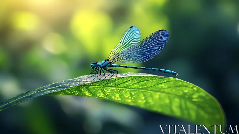 Dragonfly daydream on a sunlit leaf in soft green glow.