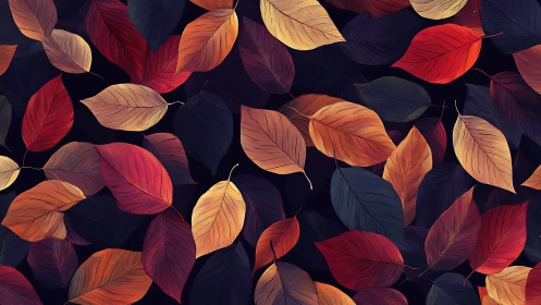 Autumn leaves pattern shows layered warm foliage on dark backdrop