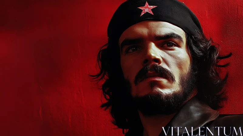 Portrait shows bearded man in beret against red backdrop