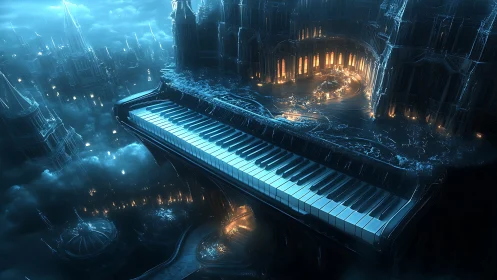 Futuristic grand piano merged with luminous cityscape.