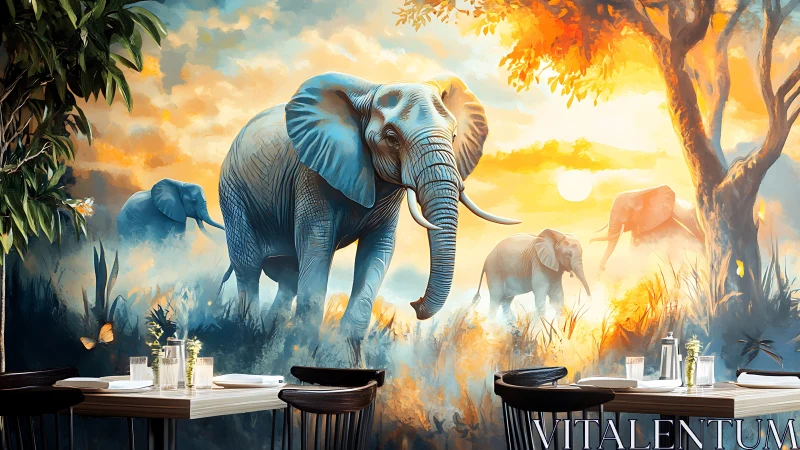 Elephant herd mural unites warm sunrise gradients and cool tones