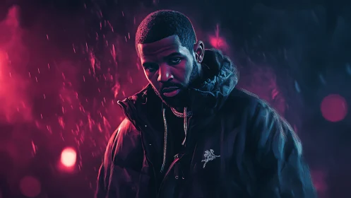 Neon-lit urban portrait under moody magenta and cyan haze.