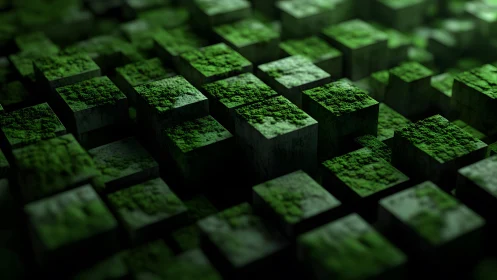 Moss-Covered 3D Cubes in Abstract Geometric Digital Art Style.