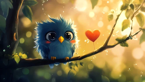Cute blue fluffy bird with big eyes on a tree branch, digital art.