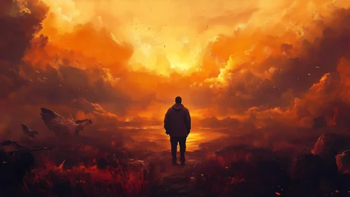 Lone figure walks into a blazing apocalyptic sunset sky