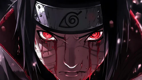 Intense red-eyed warrior bleeds under metallic ninja headband