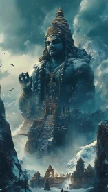 Snowbound mountain deity watching over a hidden temple.