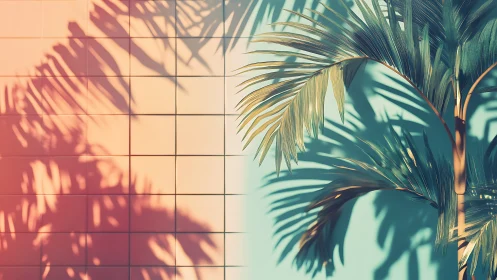 Sunlit palm shadows over pastel tiled modern wall.