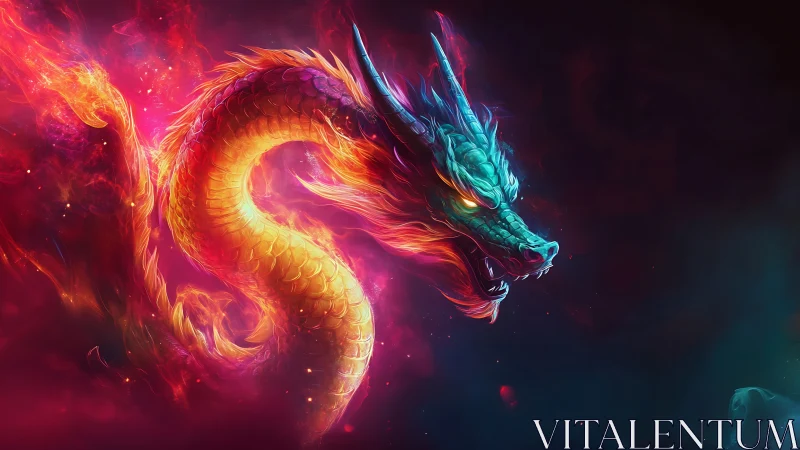 Fiery neon dragon twisting through dark cosmic space.