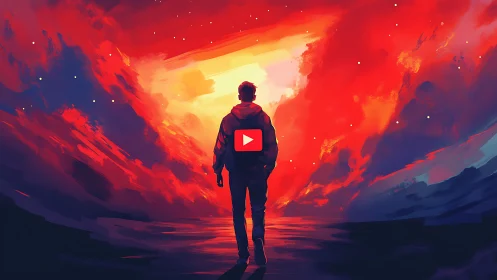 Cinematic digital painting of lone figure in nebular light corridor.