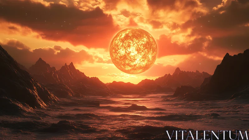 Molten stellar sphere over fractal eroded alien basin.