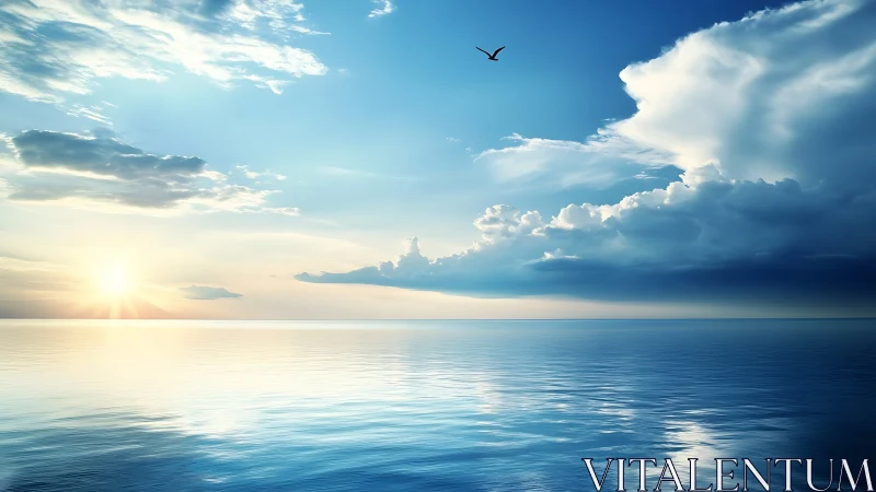 Luminous maritime horizon with stratified clouds at sunrise.