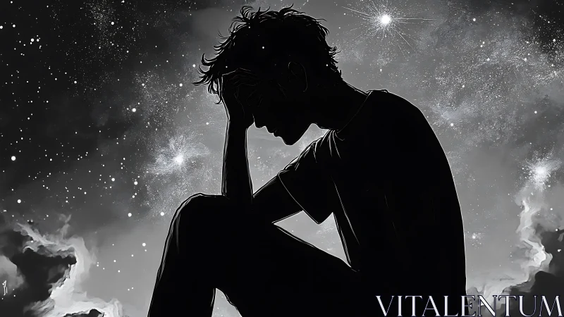 Silhouetted figure under starry sky in reflective solitude.