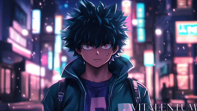 Neon-lit anime teen in urban nightscape, high contrast portrait.