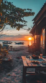 Sunlit beachside dining table overlooks calm fishing boats
