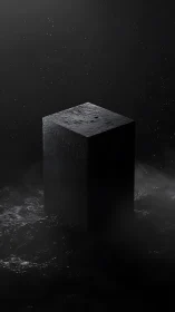 Dark cubic monolith rising from misty textured ground.