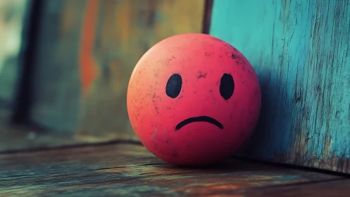 Melancholic pink ball leans against distressed wooden surface