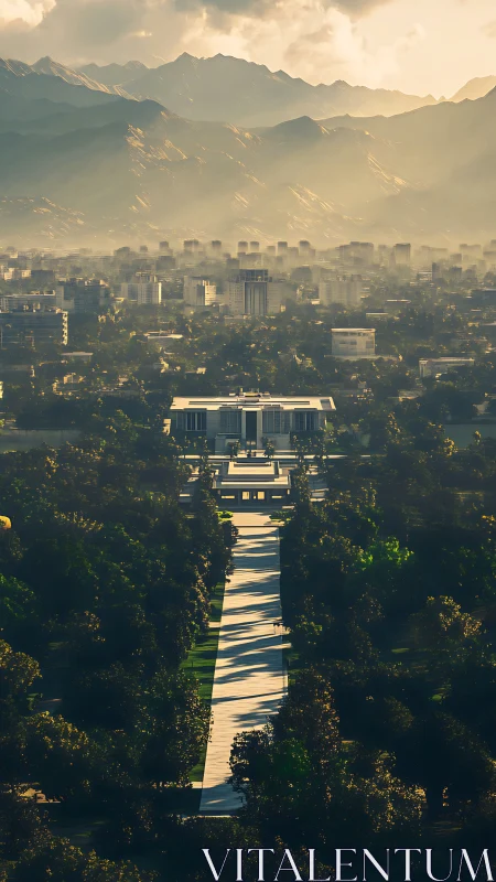 Sunlit boulevard slicing a misty mountain crowned cityscape.