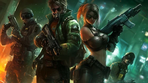 Armed tactical squad in neon lit urban combat setting.