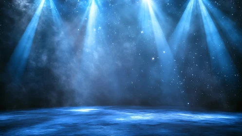 Blue stage under spotlights and starry dark background.