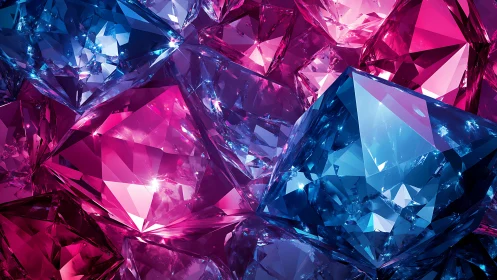 Vivid blue and magenta crystals shimmer in neon light.