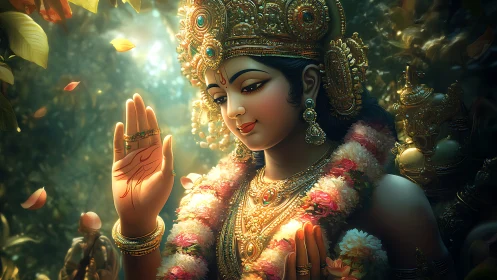 Divine goddess portrait radiates light through ornate forest