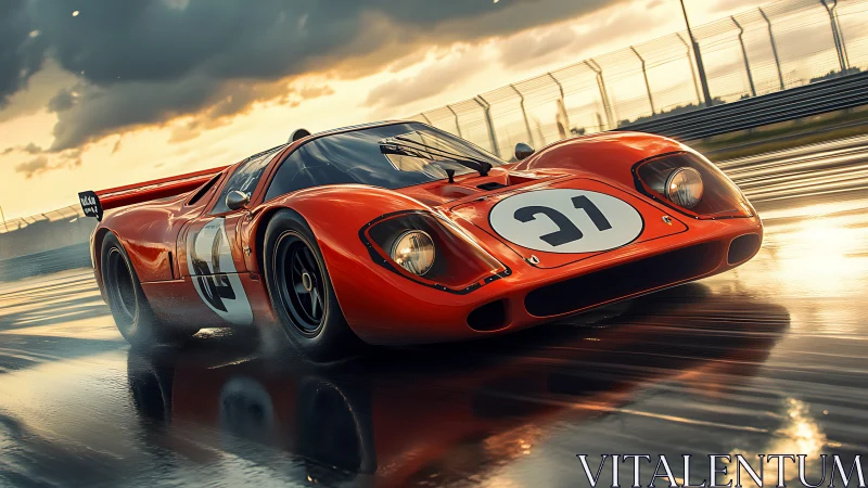 Red prototype race car moves on wet circuit at sunset