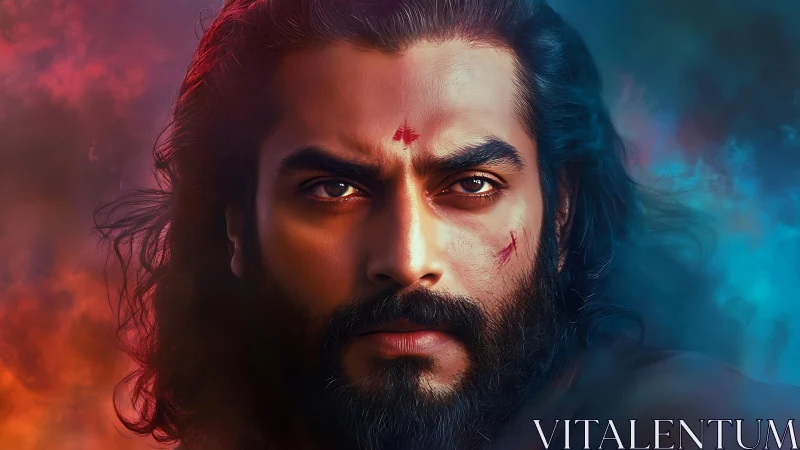 Intense bearded warrior portrait in warm and cool light.