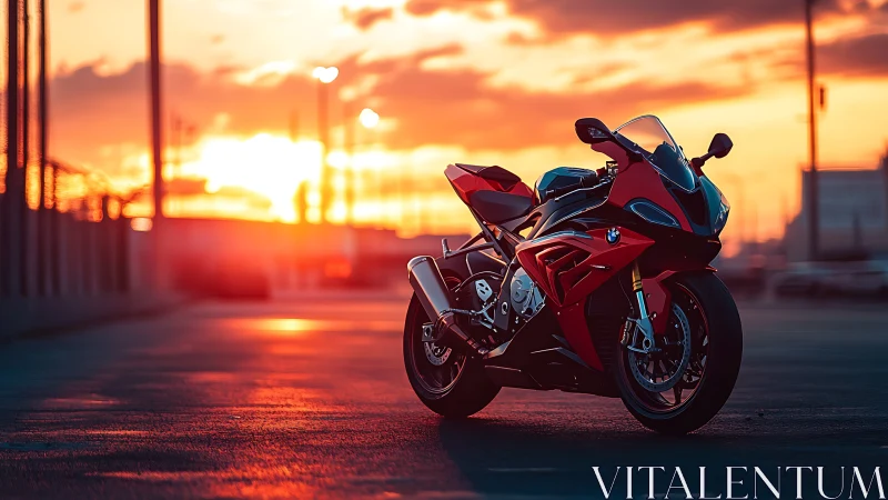 Red superbike dominates sunlit urban racetrack sunset.